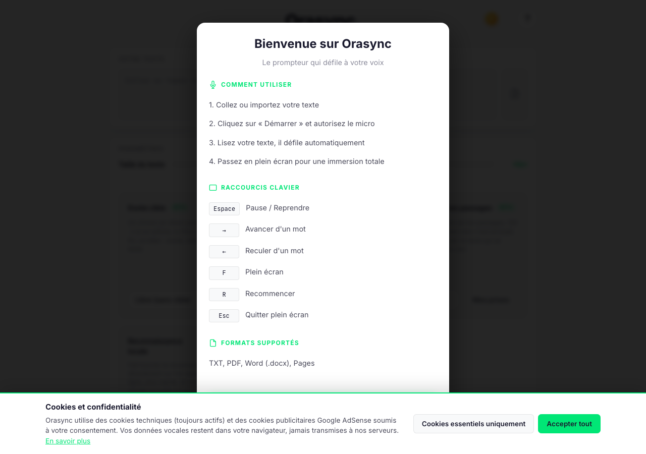 La page d'accueil d'Orasync avec la zone de texte du discours et les réglages du prompteur