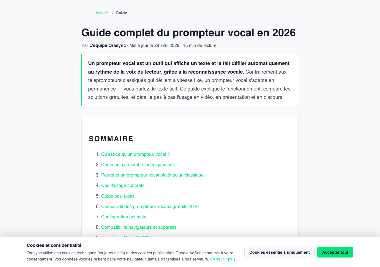 Le guide d'utilisation d'Orasync présentant la prise en main du prompteur vocal