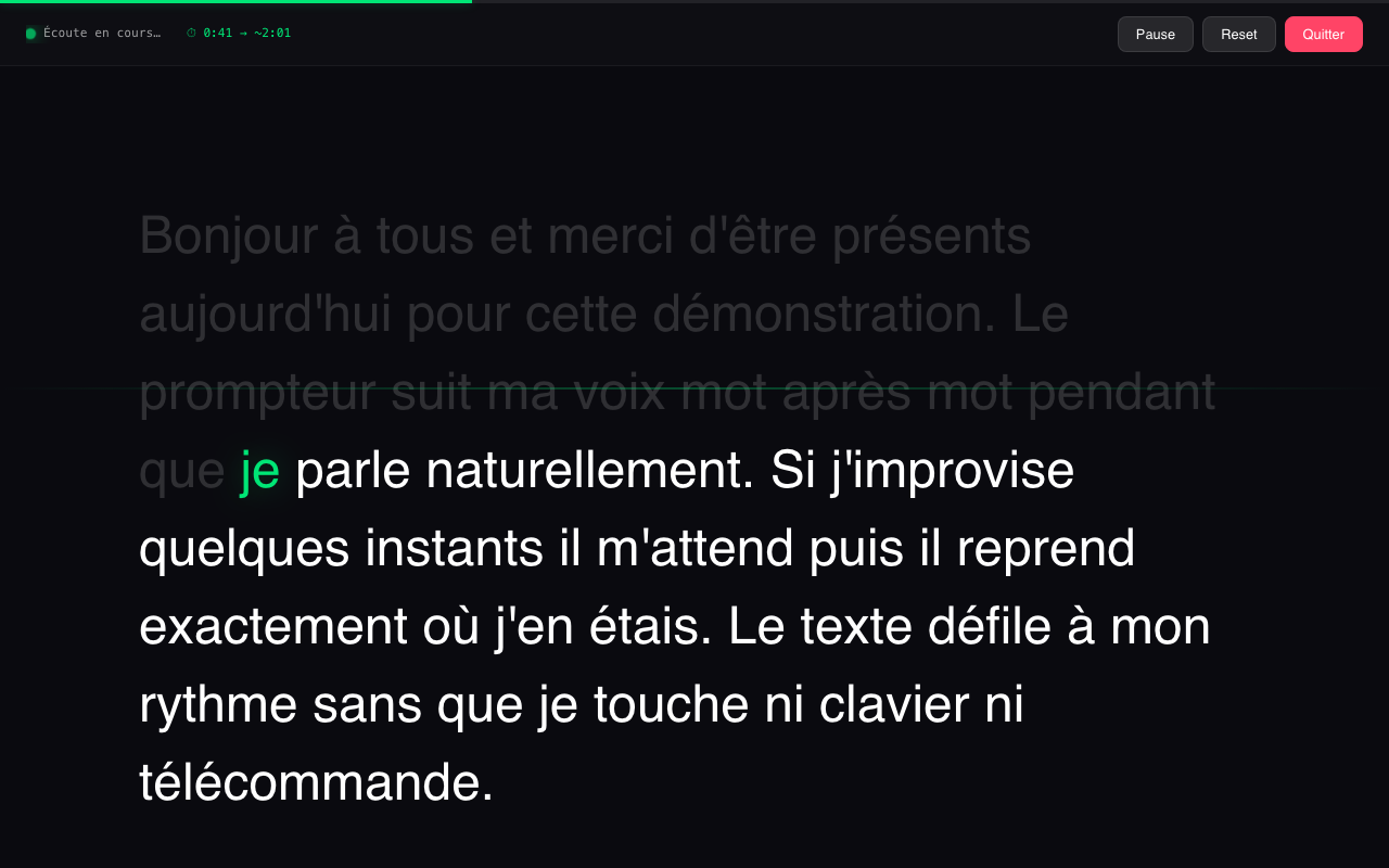 Le prompteur Orasync en cours de lecture : le mot prononcé est surligné, le texte défile à la voix